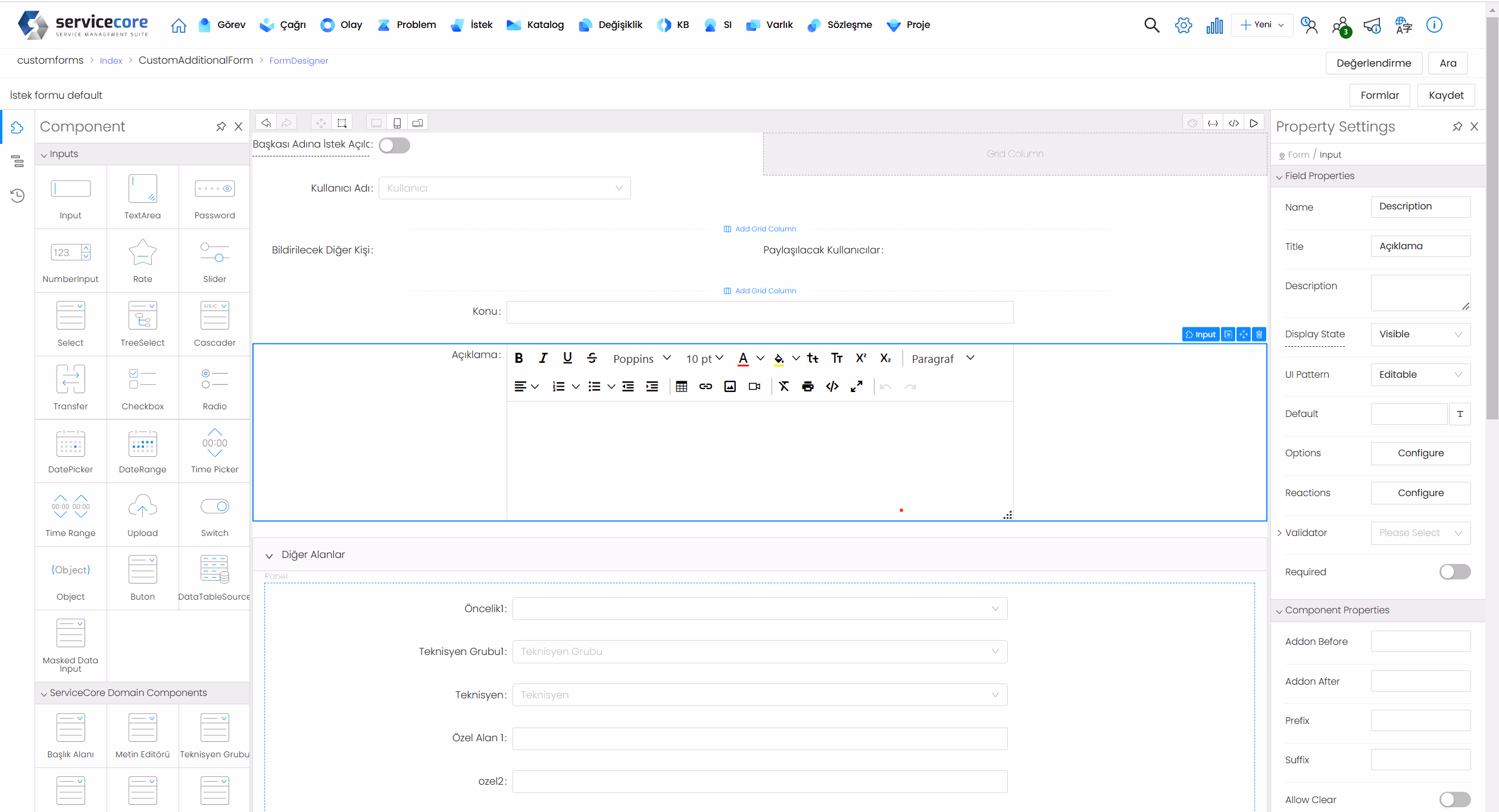 Low Code form tasarım panosu — sürükle-bırak ve dinamik alanlar