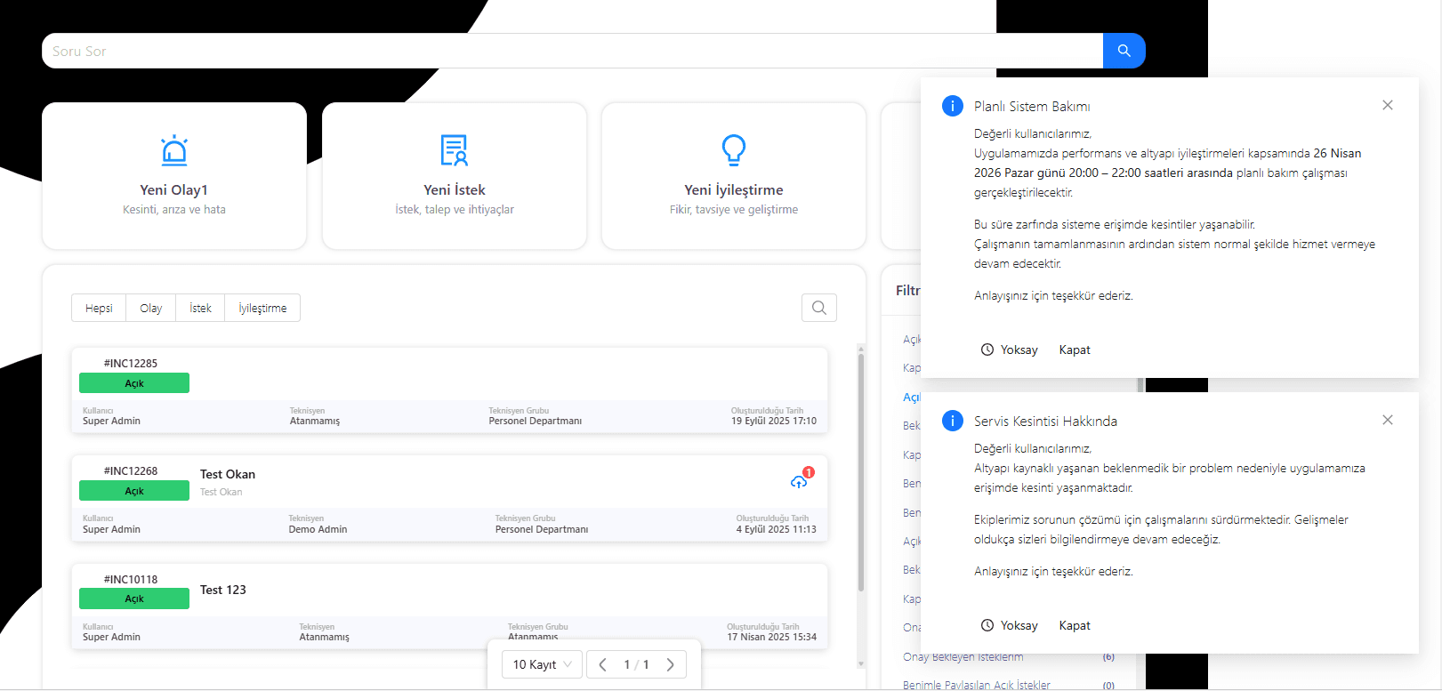 Portal duyuru popup ekranı