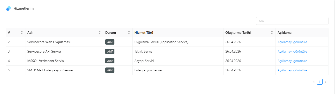 Self servis portalı — kullanıcı kayıt listesi ve hizmet ekranı