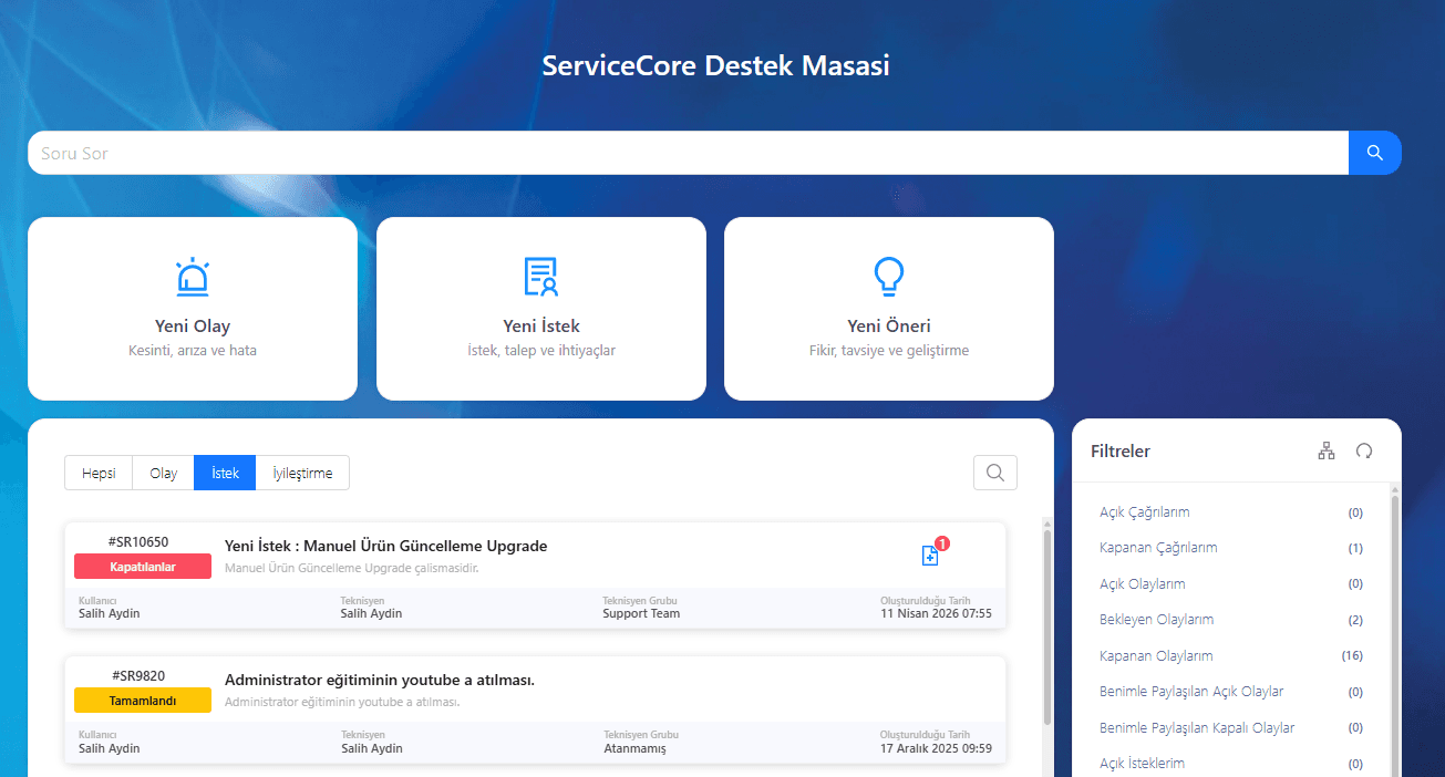 Self servis portal ana ekranı — yetkiye göre kişiselleştirilmiş arayüz