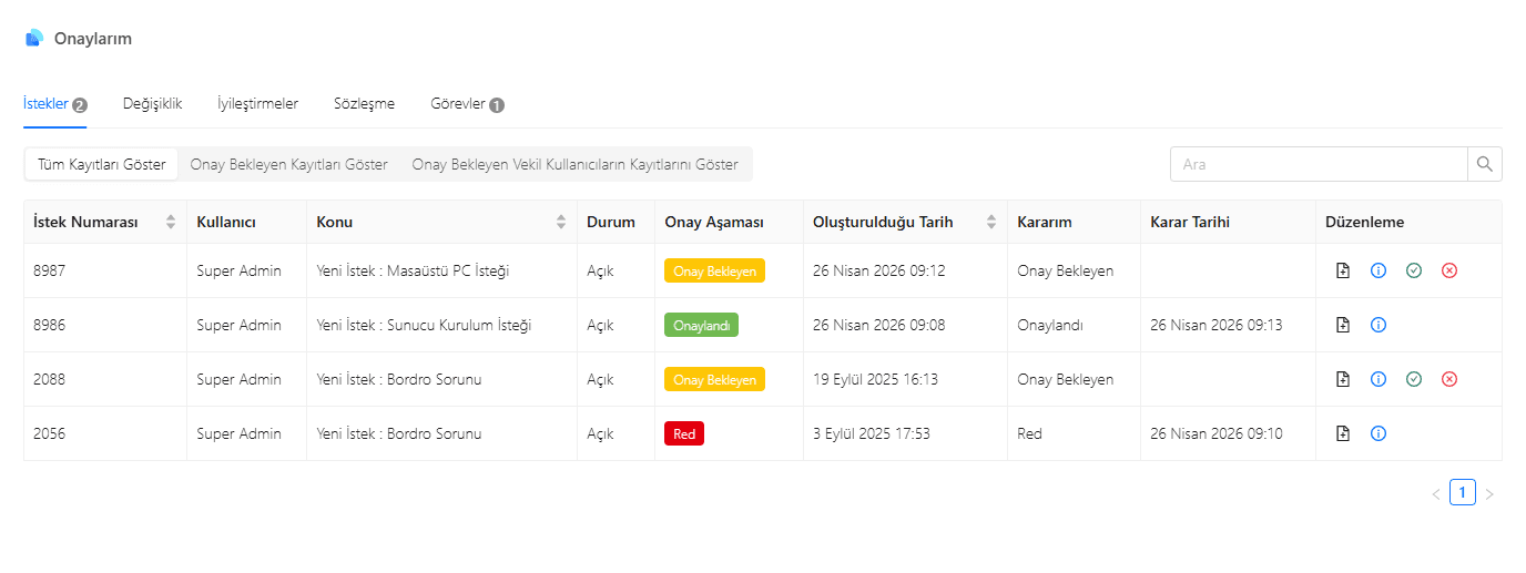 Self servis portalı — onay ekranı
